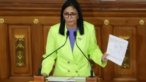 Delcy Rodríguez durante una declaración pública sobre la relación entre Venezuela y Estados Unidos