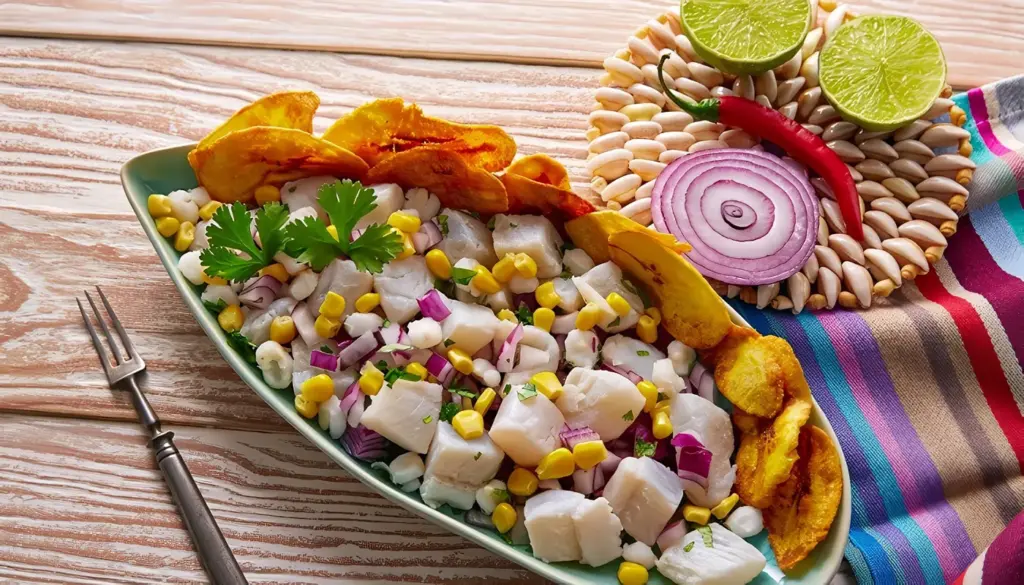 Platillo de ceviche peruano con pescado fresco, leche de tigre y ingredientes tradicionales de la gastronomía peruana