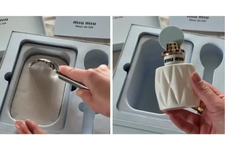 Perfume Miu Miu lujo junto a helado gourmet con estética fashion y ambiente elegante contemporáneo