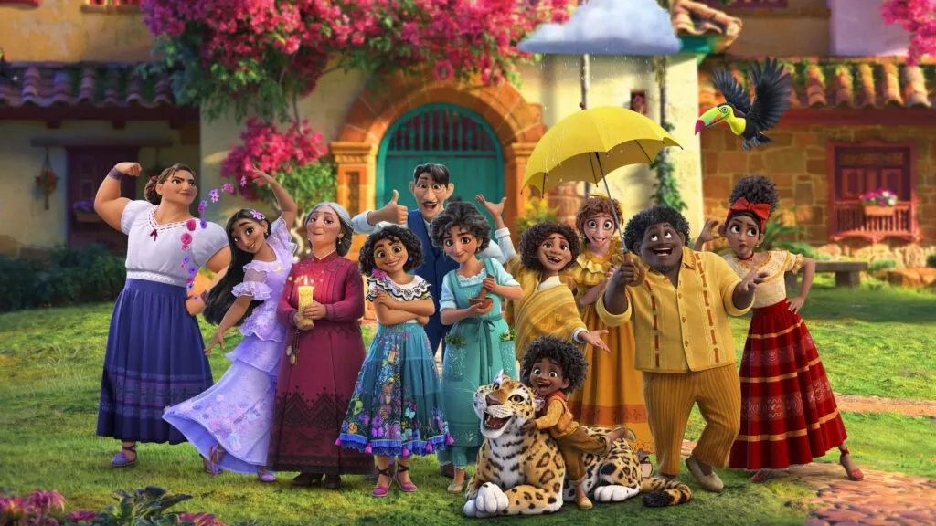 Familia latina animada estilo Pixar celebrando tradiciones culturales y convivencia familiar