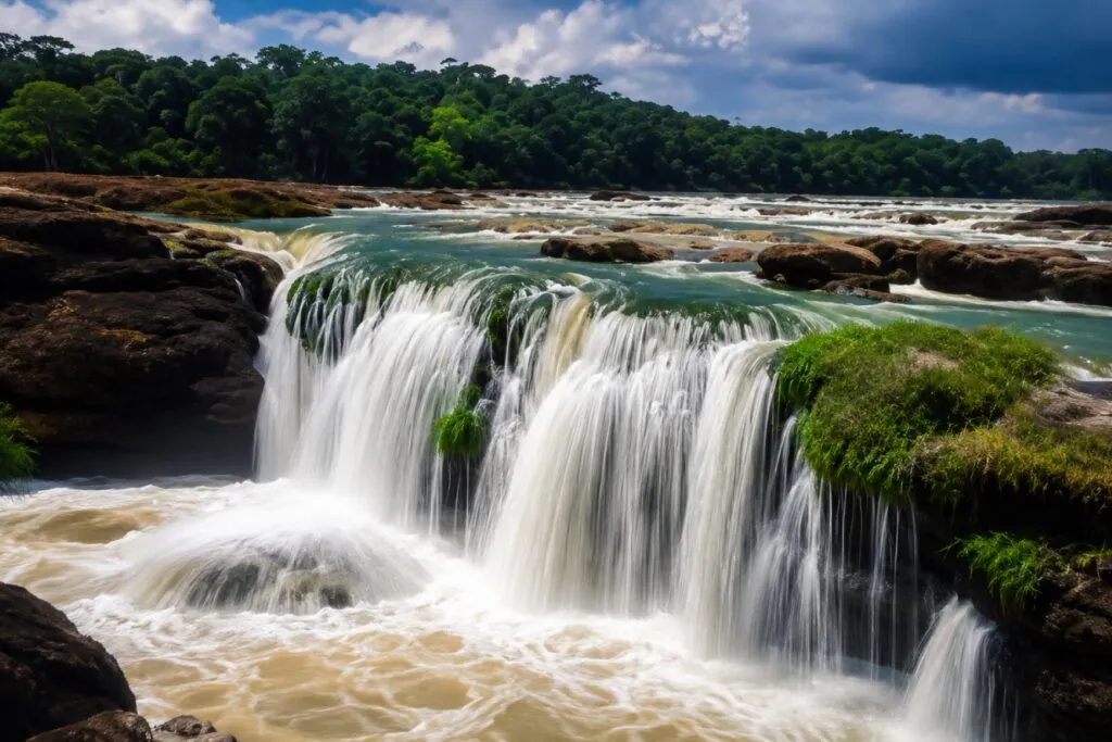 Turismo internacional en Colombia con paisajes naturales de Vaupés y visitantes explorando la selva amazónica.