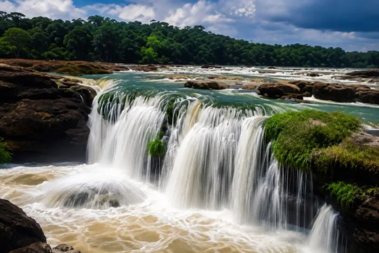 Turismo internacional en Colombia con paisajes naturales de Vaupés y visitantes explorando la selva amazónica.