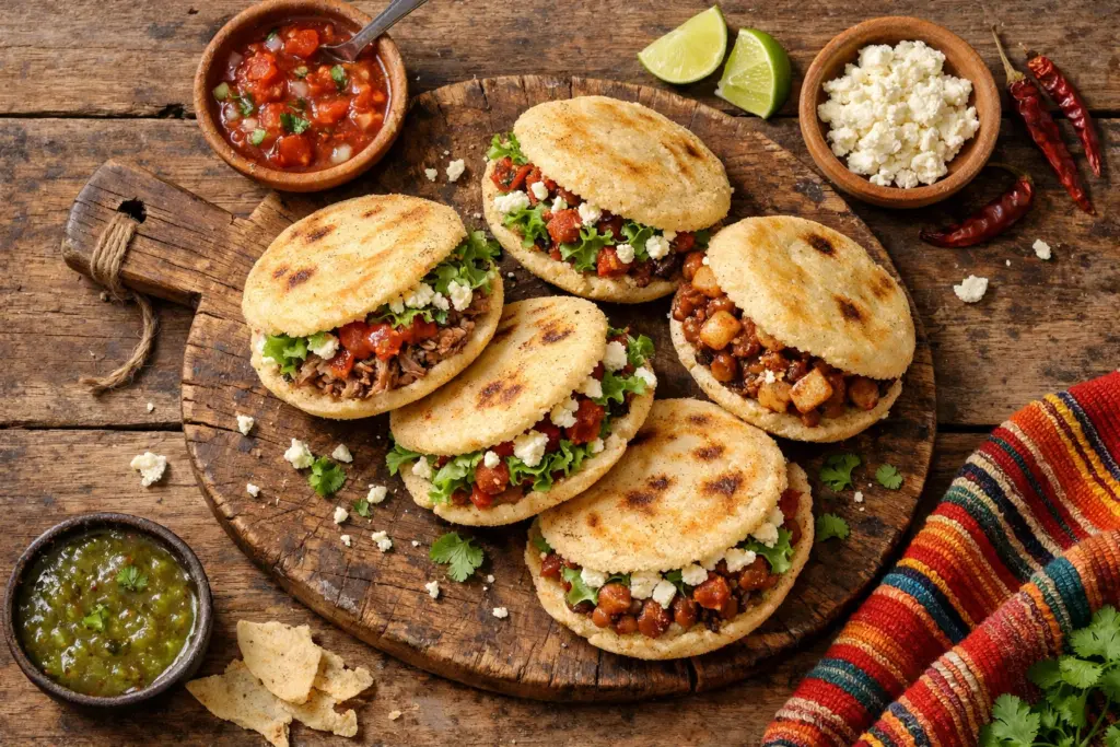 Gorditas mexicanas de masa de maíz rellenas con diferentes guisados tradicionales.