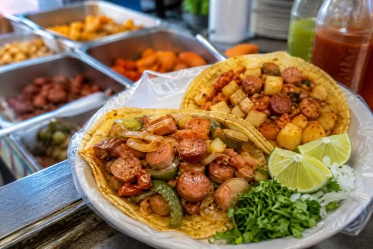 Tacos de salchicha preparados en un puesto de comida callejera de la Ciudad de México.