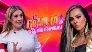 Ivonne Montero y Flor Rubio frente al logotipo de La Granja VIP