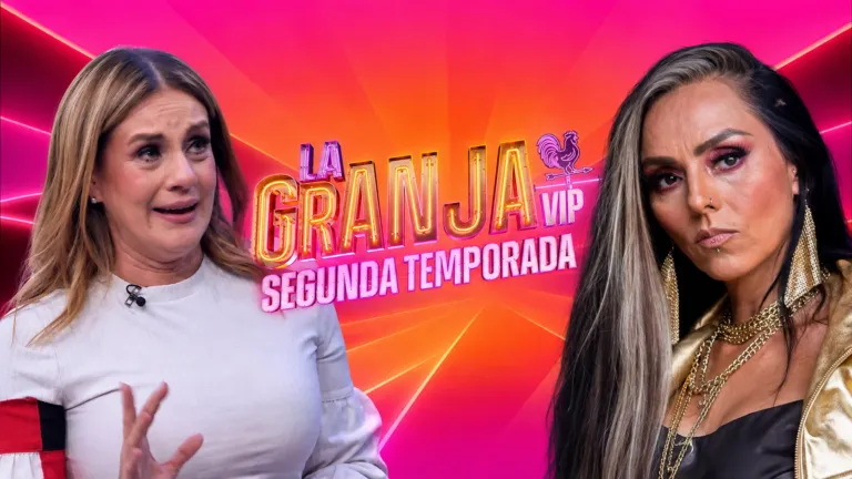 Ivonne Montero y Flor Rubio frente al logotipo de La Granja VIP