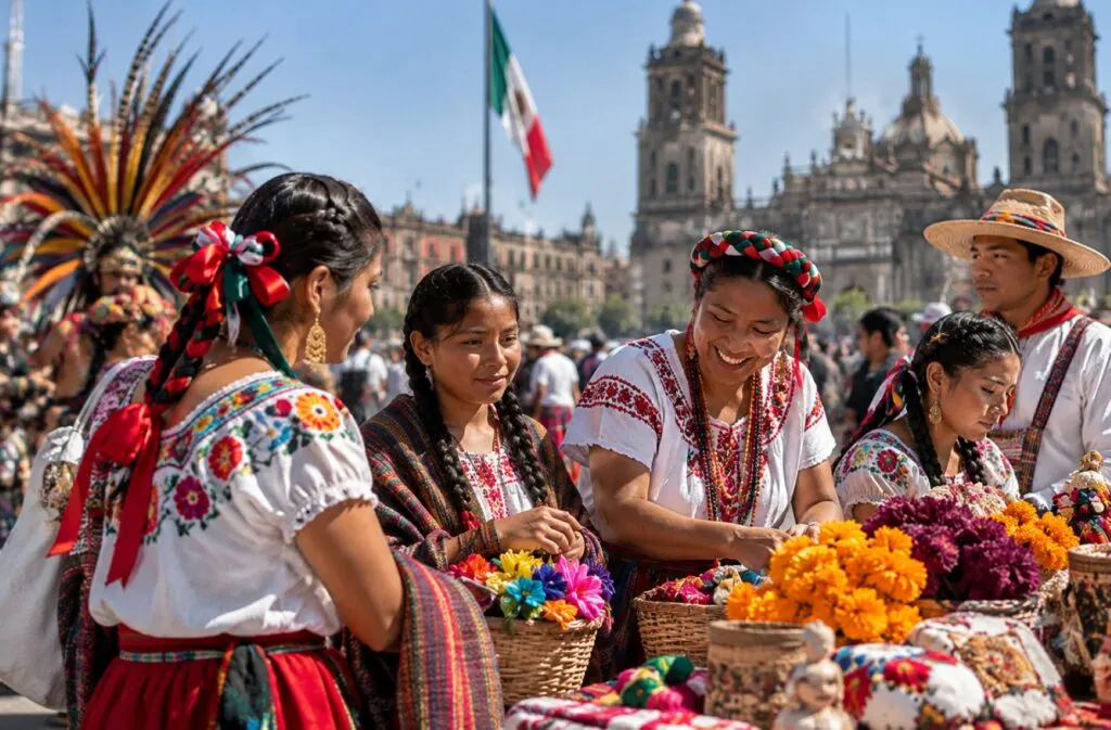 Personas con vestimenta tradicional mexicana participan en una celebración cultural que representa la diversidad de México.
