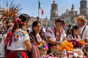 Personas con vestimenta tradicional mexicana participan en una celebración cultural que representa la diversidad de México.