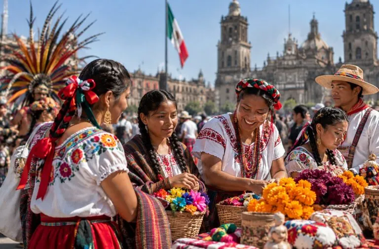 Personas con vestimenta tradicional mexicana participan en una celebración cultural que representa la diversidad de México.