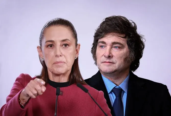 Javier Milei comparte una imagen satírica de Claudia Sheinbaum en una mesa del Foro de São Paulo para representar el avance de la derecha en América Latina.
